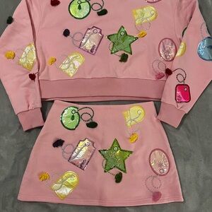 QUEEN OF SPARKLES Pink Sequin Embellished Sweatshirt and skort set